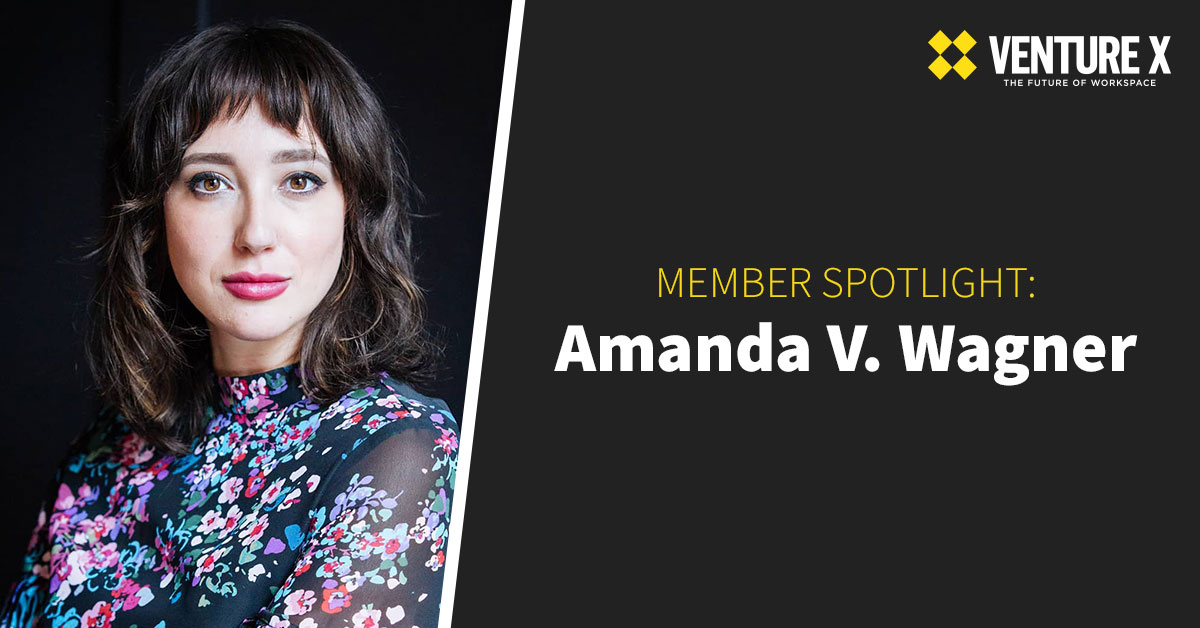 A portrait of a person with shoulder-length hair in a floral-patterned top appears next to text: "Member Spotlight: Amanda V. Wagner" and "Venture X: The Future of Private Office Space.”.