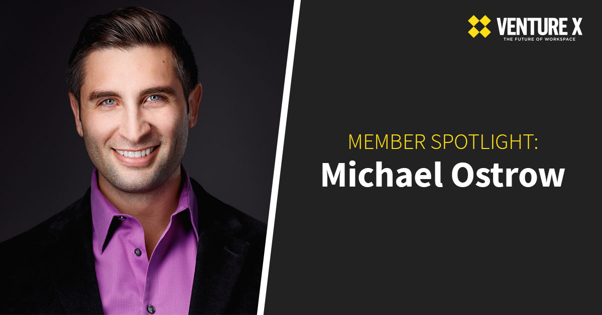 Portrait of a smiling man in a purple shirt and dark blazer, with the text "Member Spotlight: Michael Ostrow" beside him on a black background. The logo "Venture X: The Future of Flexible Workspace" at the top highlights their innovative approach.