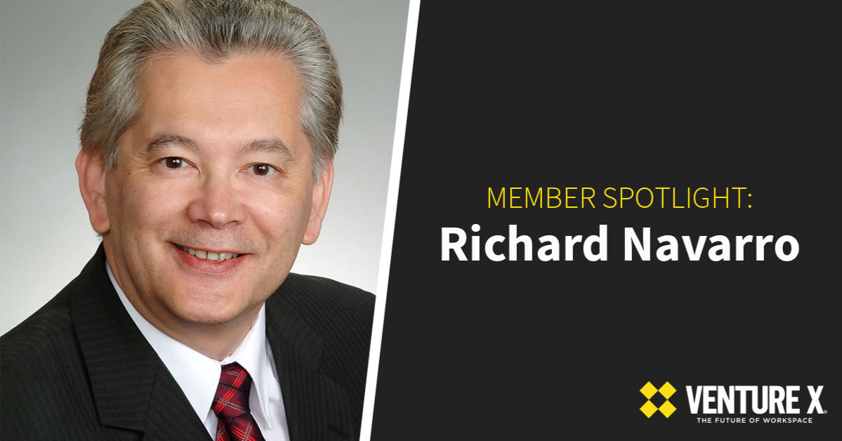 Smiling person in a suit on the left, text on the right reads "Member Spotlight: Richard Navarro" with "Venture X" logo below, highlighting his journey in utilizing flexible workspaces to fuel innovation.