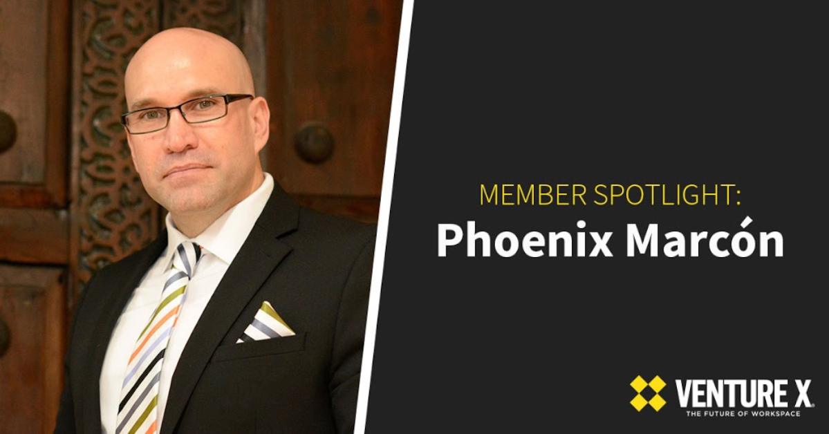 A bald man in a suit and tie stands beside the text: "Member Spotlight: Phoenix Marcón," next to the Venture X logo, highlighting our vibrant coworking community.