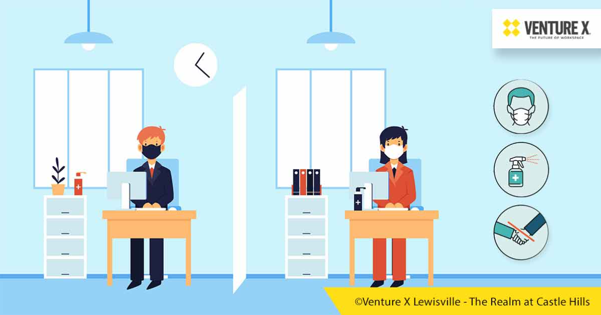 Illustration of two people at desks in a flexible workspace, separated by a divider and wearing masks. Icons on the right serve as reminders for mask-wearing, sanitizer use, and handwashing, essentials for maintaining safety in the coworking community.