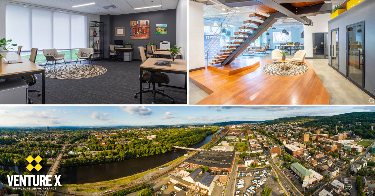 Collage of office interiors, a modern stairway, and an aerial view of a city with a river, capturing the essence of a dynamic coworking community. Venture X logo in the bottom left corner.