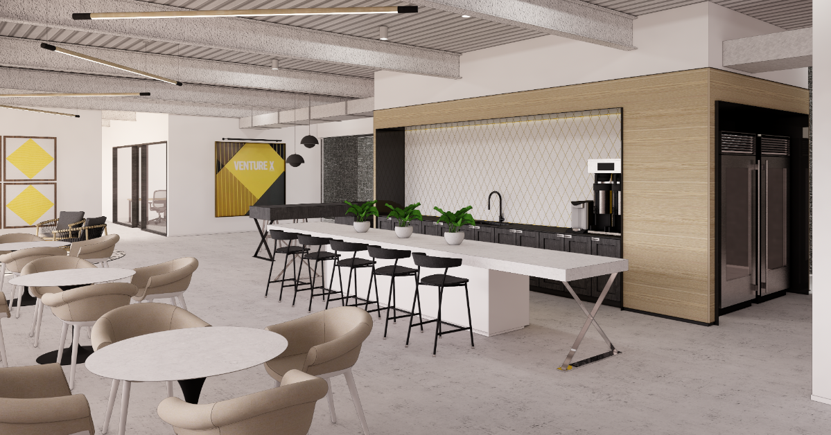 Modern office break room features a long island, bar stools, and coffee machine surrounded by lush plants. With several tables and chairs in the seating area, it's the perfect spot to unwind within your private office space.