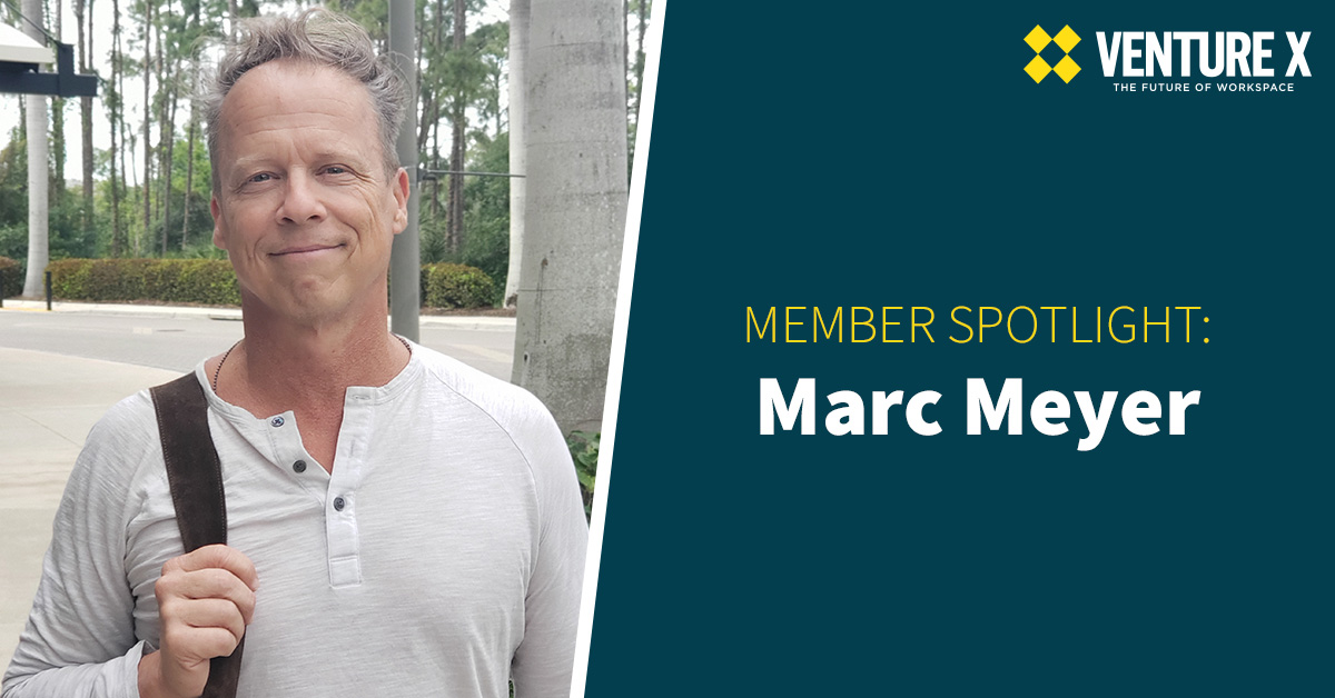 A man in a light shirt stands outdoors, trees rustling in the background. Text beside him reads, "Member Spotlight: Marc Meyer." As he navigates the evolving world of coworking spaces, Marc continues to inspire with his innovative approach to flexible office environments.