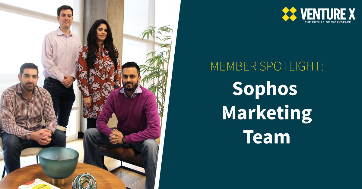 Four people posed in an office setting next to a text panel reading "Member Spotlight: Sophos Marketing Team," embodying the spirit of a vibrant coworking community.