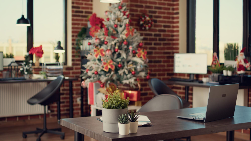private office space decoration with holiday festivities