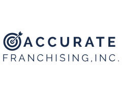 Logo of Accurate Franchising, Inc. with a target and arrow symbol to the left of the company's name. The text is in navy blue on a white background.