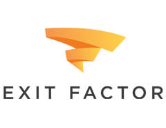 A logo with an orange abstract design resembling a folded paper airplane above the words "EXIT FACTOR" in bold black letters.