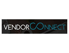 Logo of Vendor Connect with the word "Vendor" in white text and "Connect" in blue text with an infinity symbol incorporated between them.