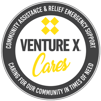 Logo of Venture X Cares with text: "Community Assistance & Relief Emergency Support. Caring for Our Coworking Community in Times of Need." Yellow diamonds above "Venture X Cares.