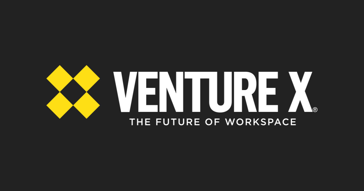 Venture X logo with the tagline "The Future of Workspace" on a black background