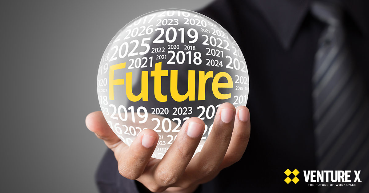 A person holding a crystal ball with "Future" and years from 2019 to 2025