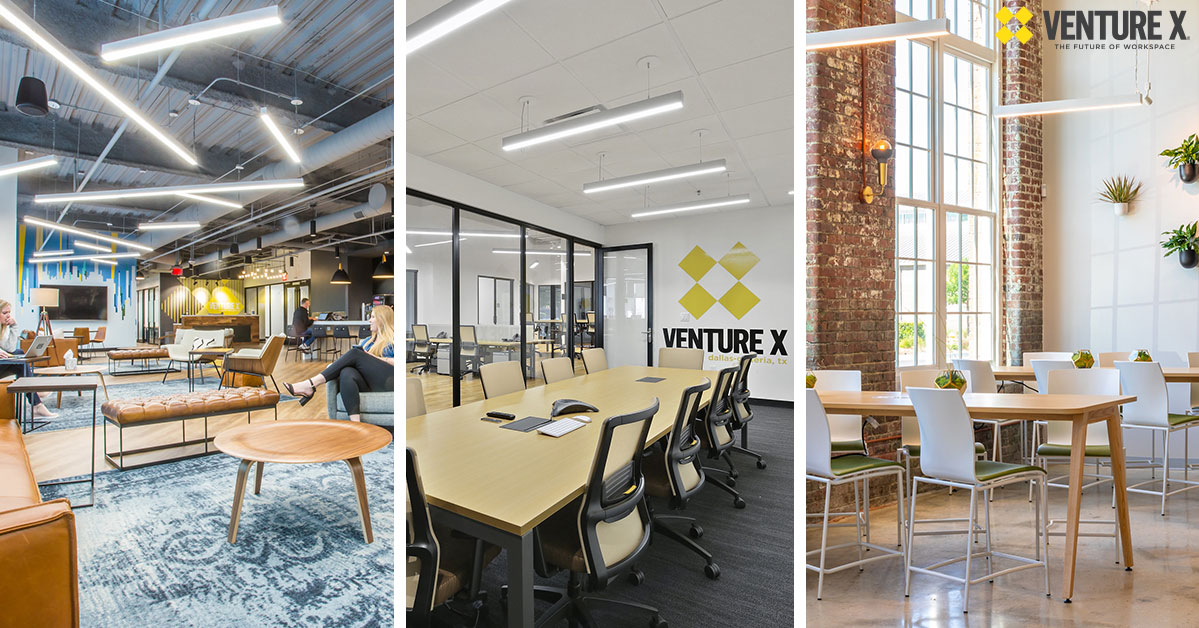 Collage of three flexible workspaces: a lounge area with cozy couches