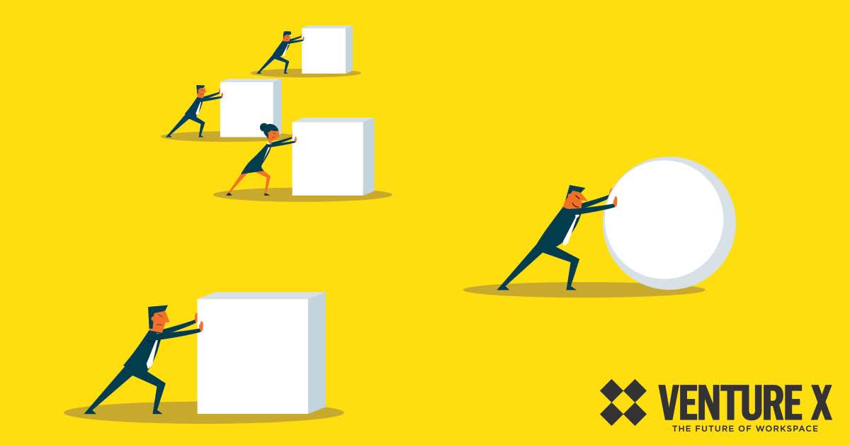 Illustration of figures pushing square blocks uphill