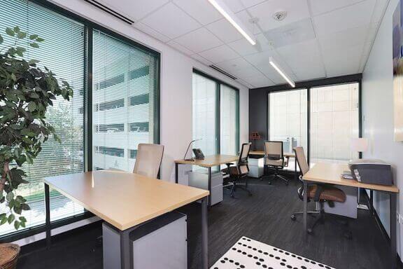 An office space with three desks and ergonomic chairs, a potted plant by the window, and large windows letting in natural light. The room has modern decor and minimalistic setup.